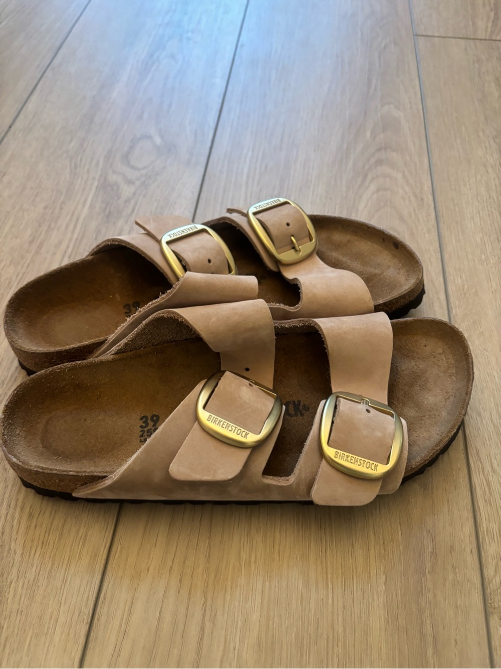 Like Brand New- Birkenstock Arizona Sandals in Tan with Gold Buckles - Picture 4 of 5